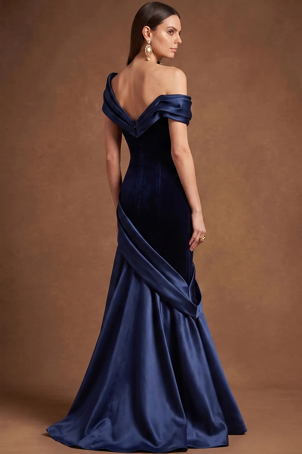 Navy Blue One Shoulder Velvet Satin Mermaid Evening Dress