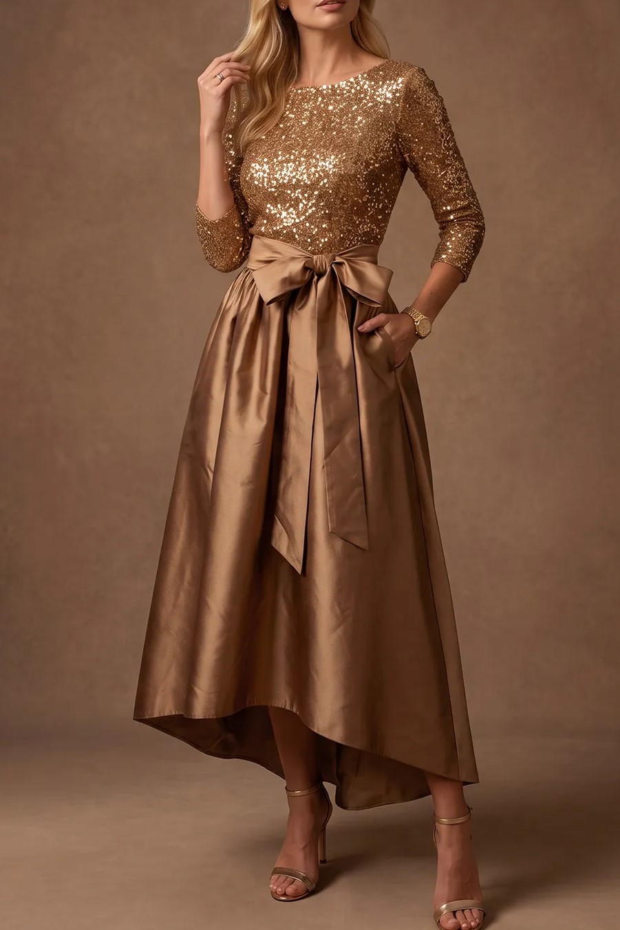 Gold Sequin & Satin High‑Low Midi Evening Dress With Waist Bow
