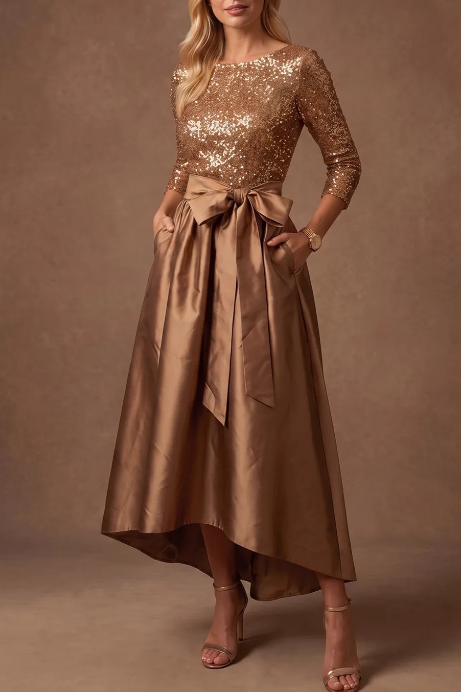 Gold Sequin & Satin High‑Low Midi Evening Dress With Waist Bow