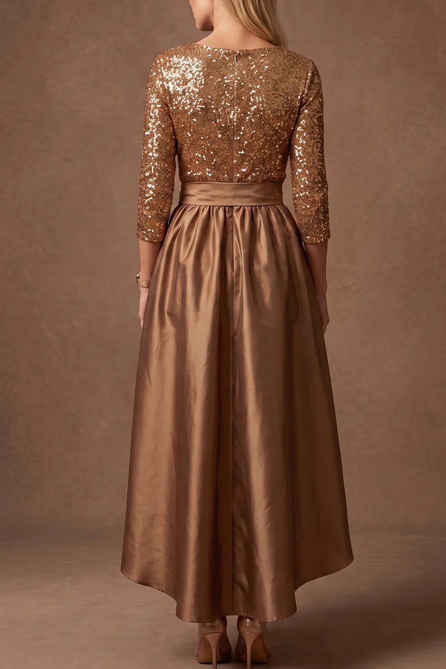 Gold Sequin & Satin High‑Low Midi Evening Dress With Waist Bow