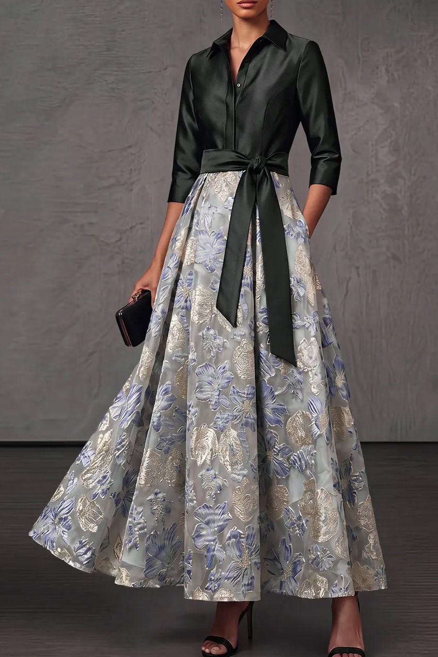 Dusty Blue A-Line Point Collar Embroidered Floral Dresses with Bow