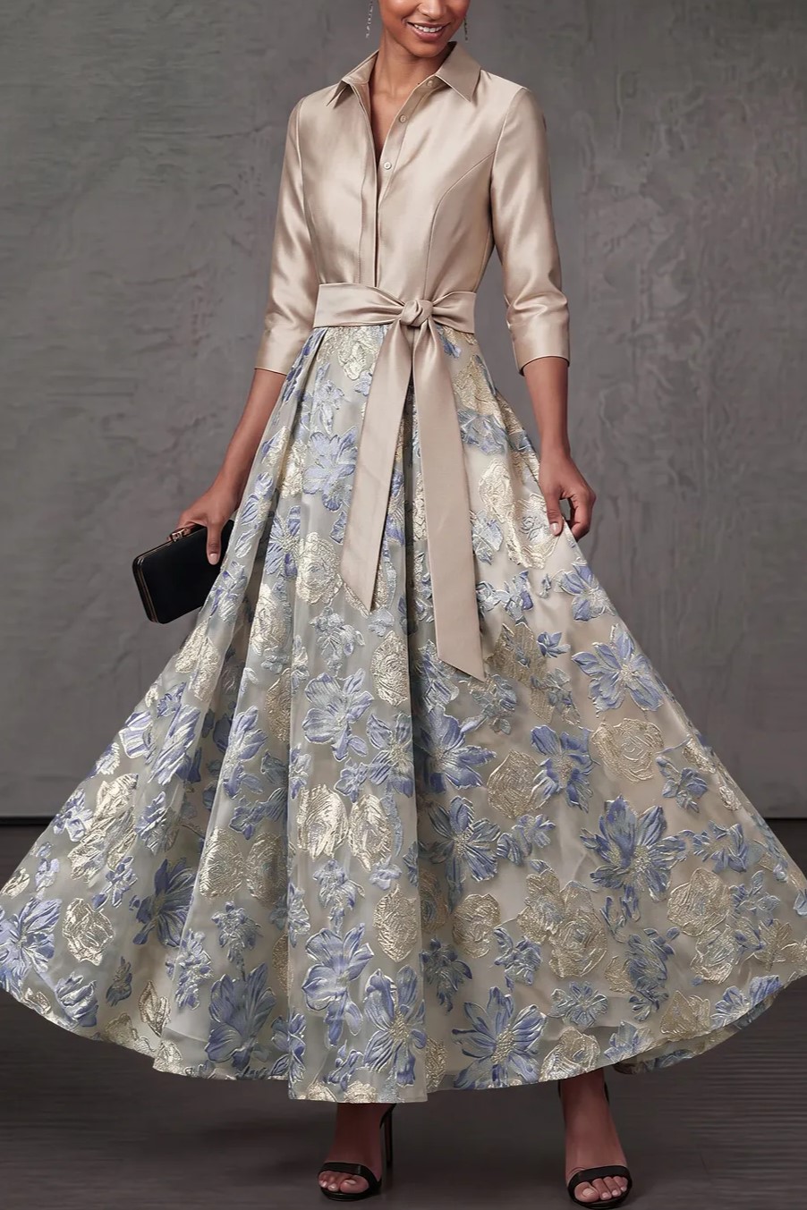 Dusty Blue A-Line Point Collar Embroidered Floral Dresses with Bow