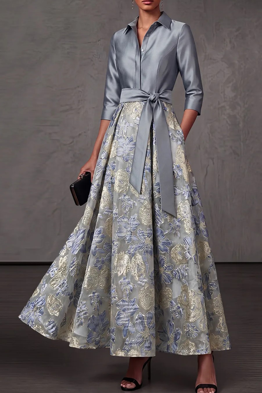 Dusty Blue A-Line Point Collar Embroidered Floral Dresses with Bow