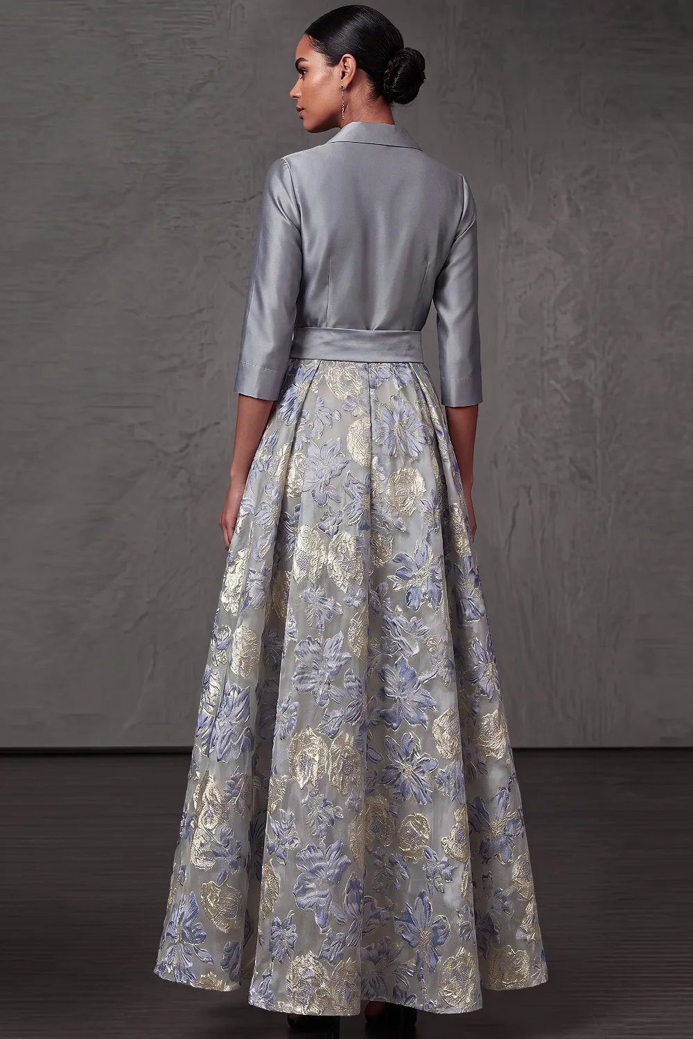 Dusty Blue A-Line Point Collar Embroidered Floral Dresses with Bow