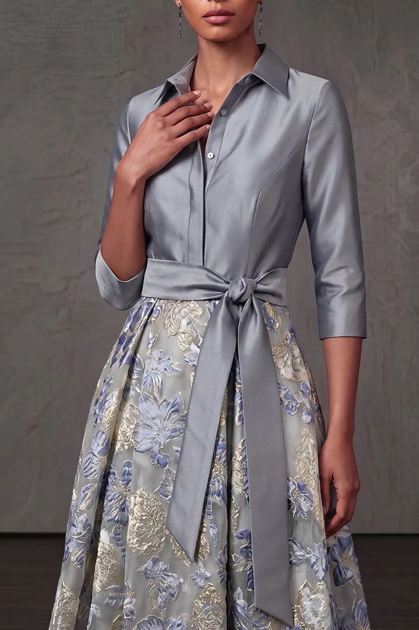 Dusty Blue A-Line Point Collar Embroidered Floral Dresses with Bow