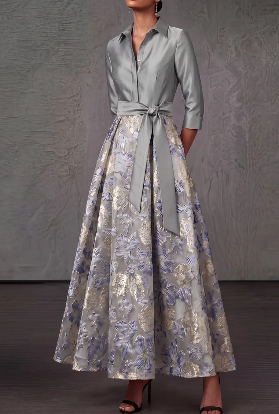 Dusty Blue A-Line Point Collar Embroidered Floral Dresses with Bow