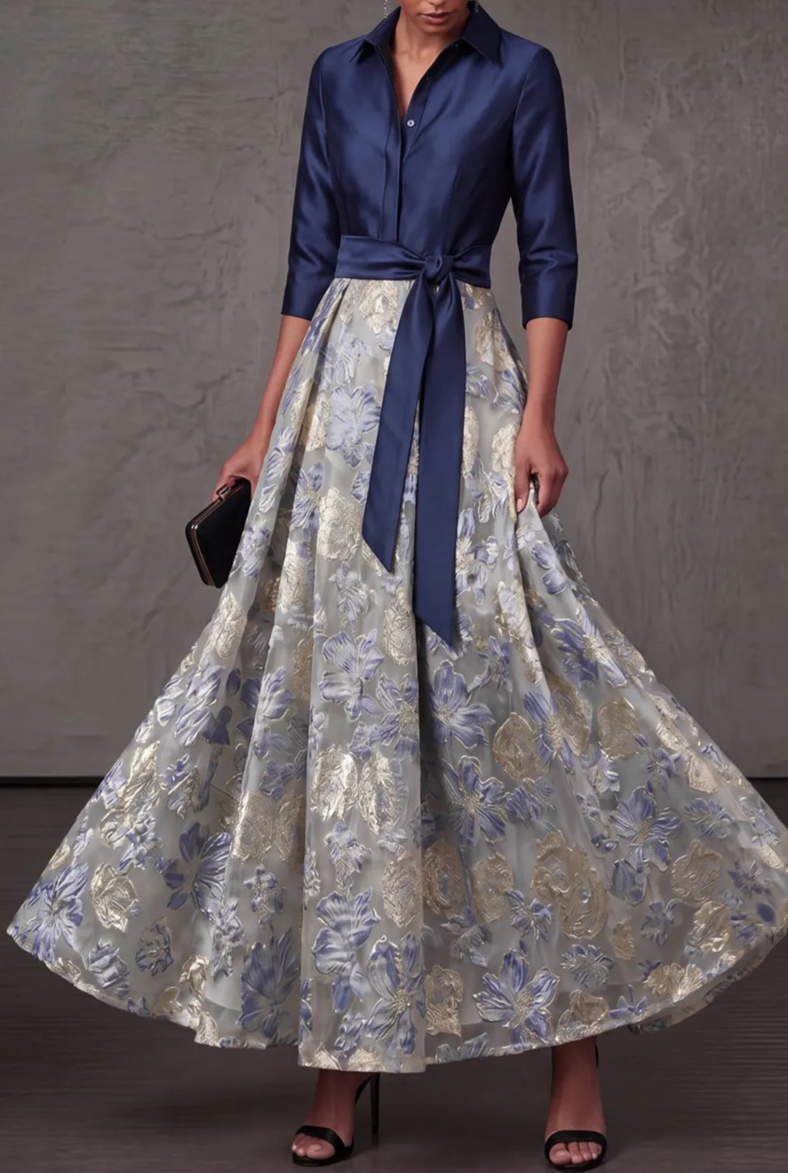 Dusty Blue A-Line Point Collar Embroidered Floral Dresses with Bow