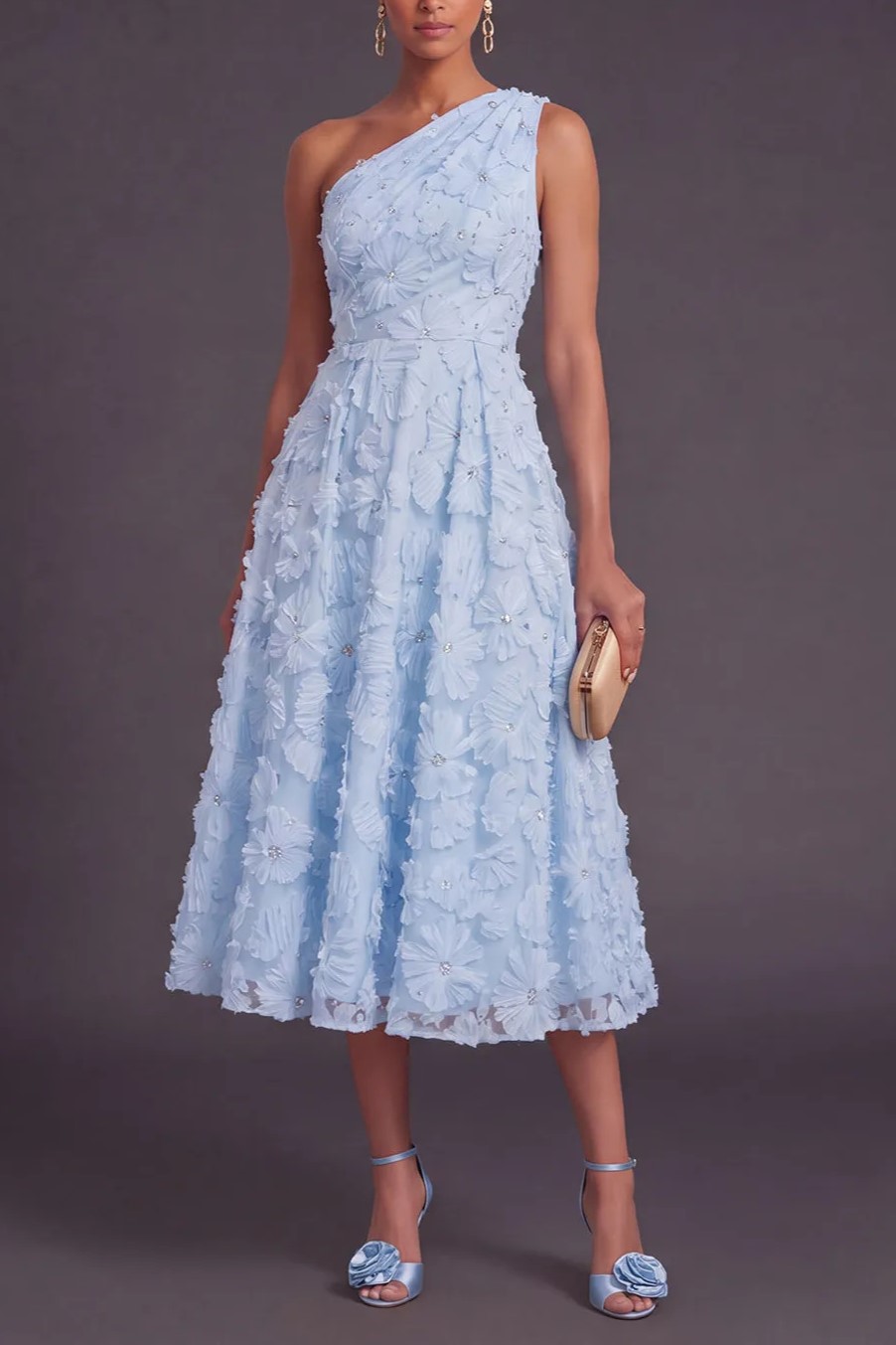 Blue One Shoulder Floral Midi Wedding Guest Dress with Pearls