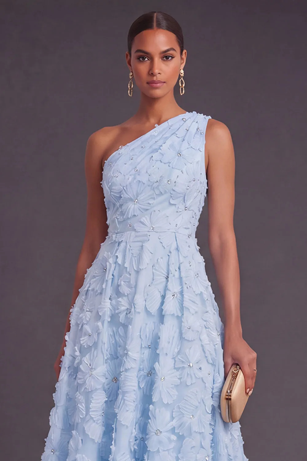 Blue One Shoulder Floral Midi Wedding Guest Dress with Pearls