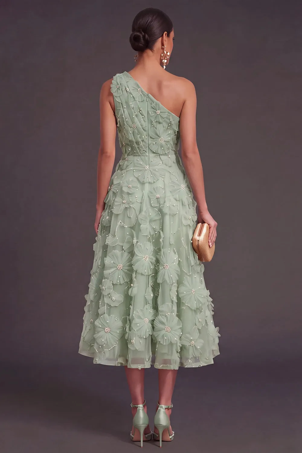 Blue One Shoulder Floral Midi Wedding Guest Dress with Pearls