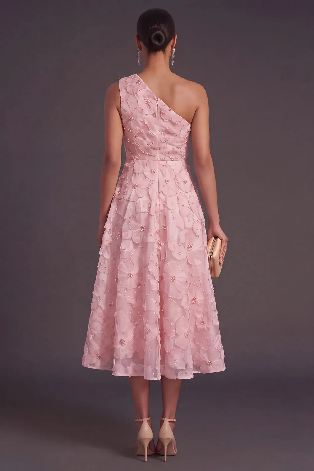 Blue One Shoulder Floral Midi Wedding Guest Dress with Pearls