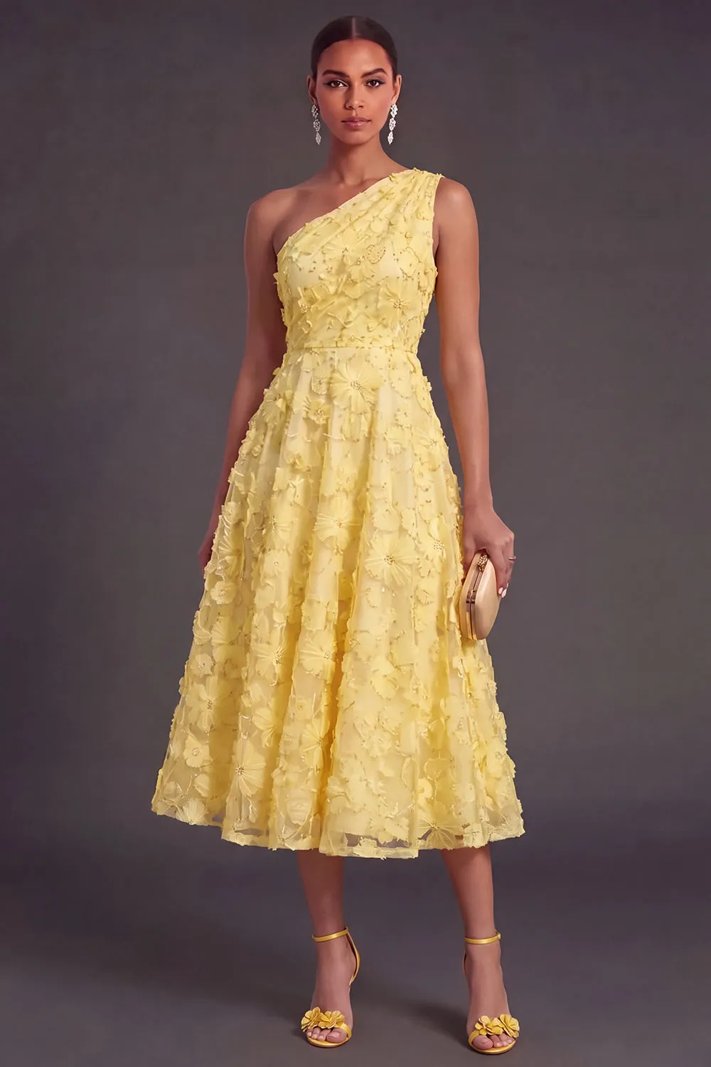 Blue One Shoulder Floral Midi Wedding Guest Dress with Pearls