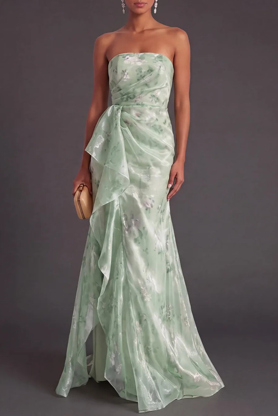 Sage Green Floral Strapless Waist Ruffle Slit Mermaid Floor Length Gown