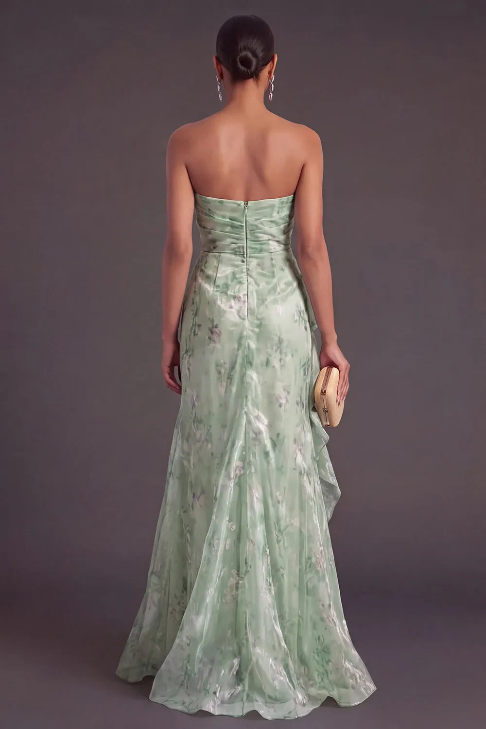 Sage Green Floral Strapless Waist Ruffle Slit Mermaid Floor Length Gown