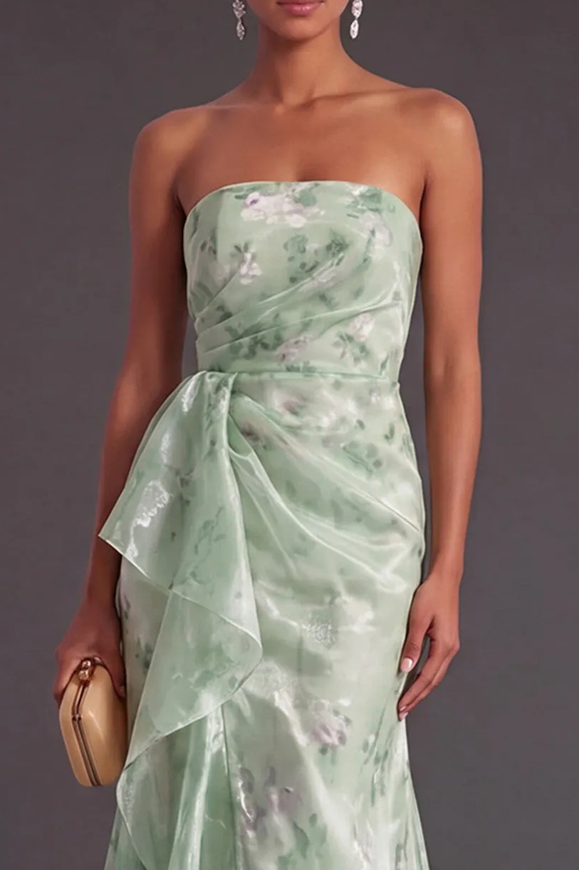 Sage Green Floral Strapless Waist Ruffle Slit Mermaid Floor Length Gown