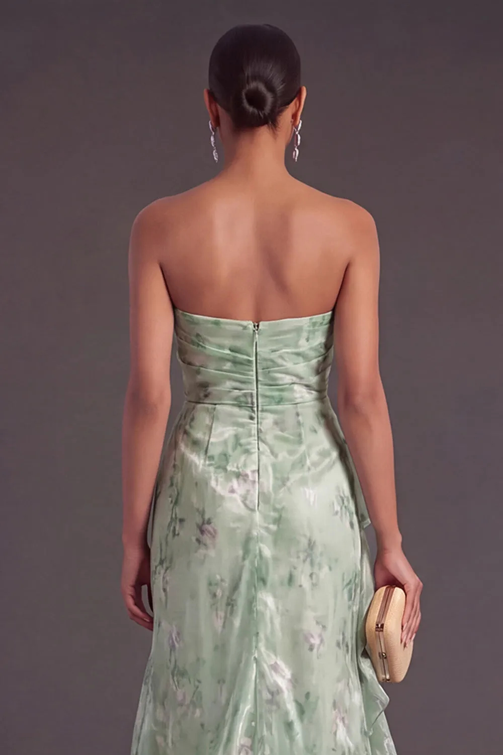 Sage Green Floral Strapless Waist Ruffle Slit Mermaid Floor Length Gown