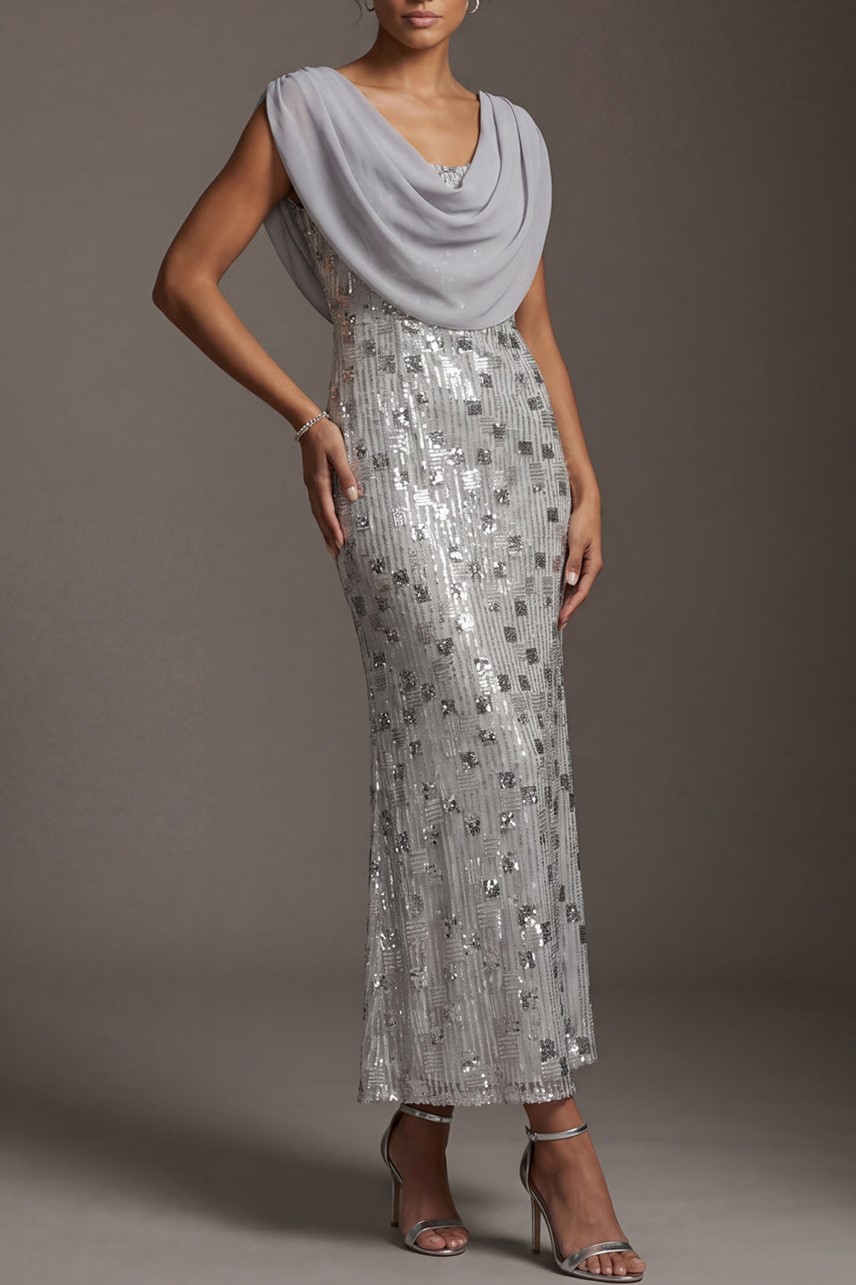 Silver Cowl Chiffon Overlay Geometric Sequin Midi Dress