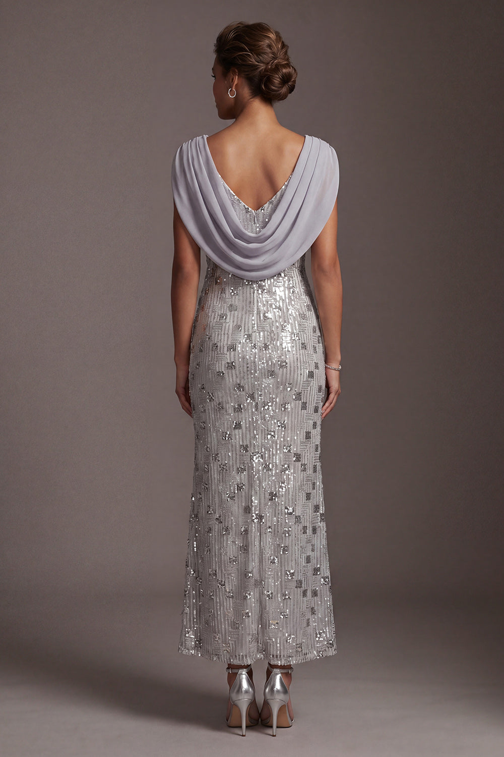 Silver Cowl Chiffon Overlay Geometric Sequin Midi Dress