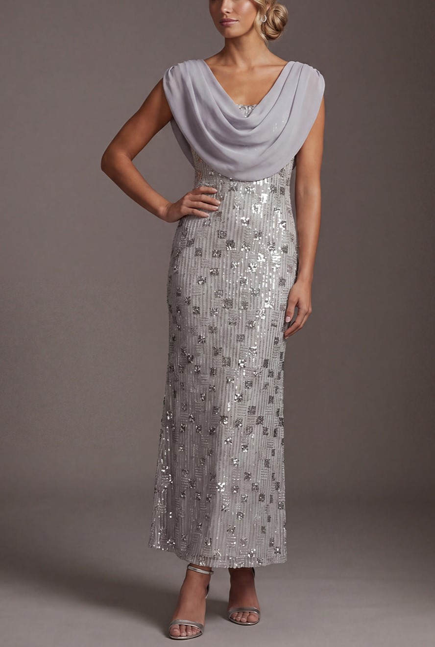 Silver Cowl Chiffon Overlay Geometric Sequin Midi Dress
