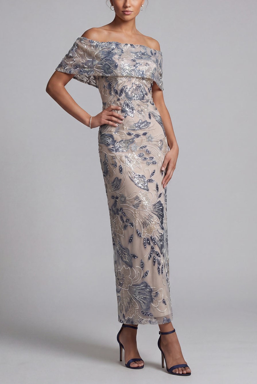 Nude Navy Sequin Floral Off Shoulder Slit Midi Dress