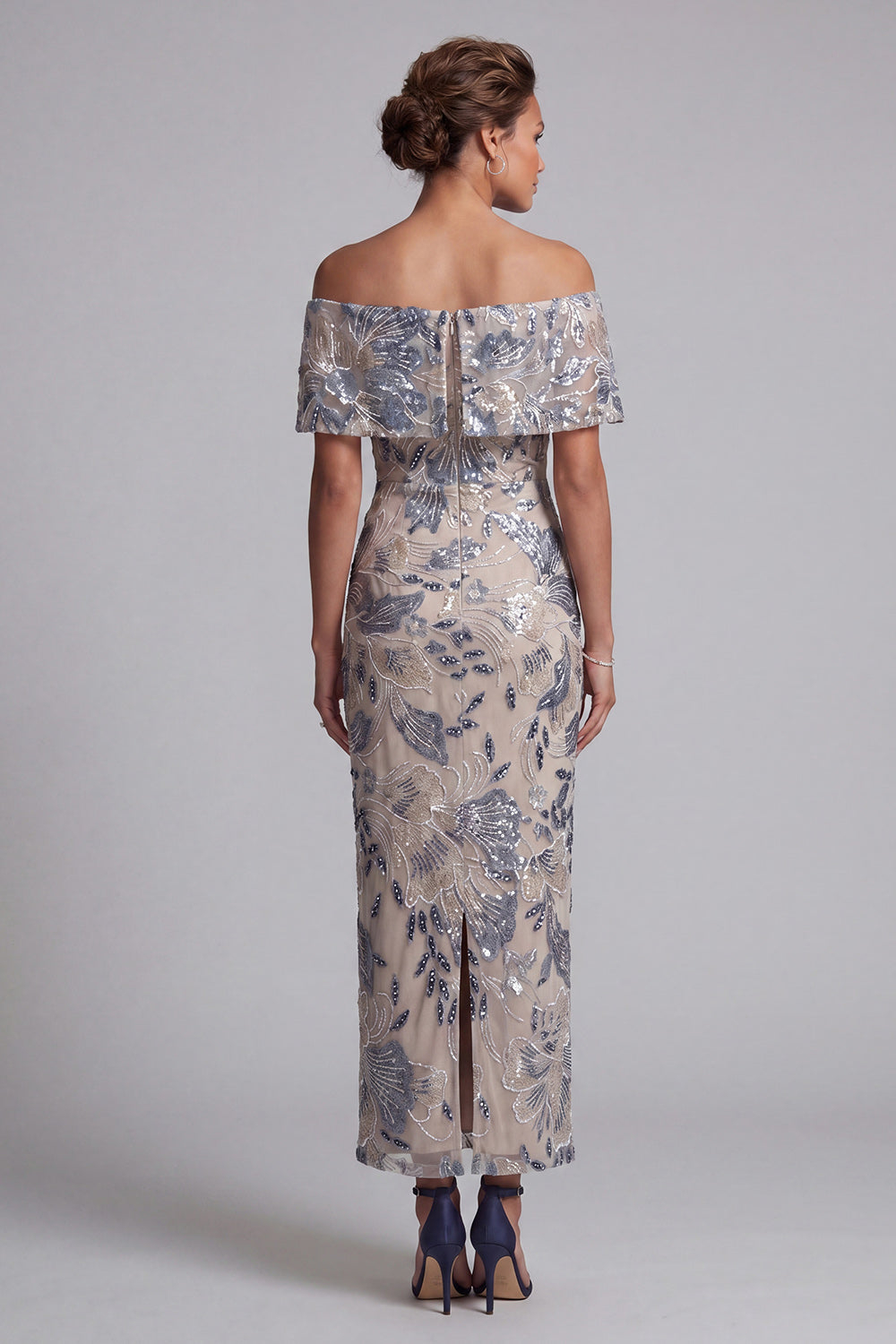 Nude Navy Sequin Floral Off Shoulder Slit Midi Dress