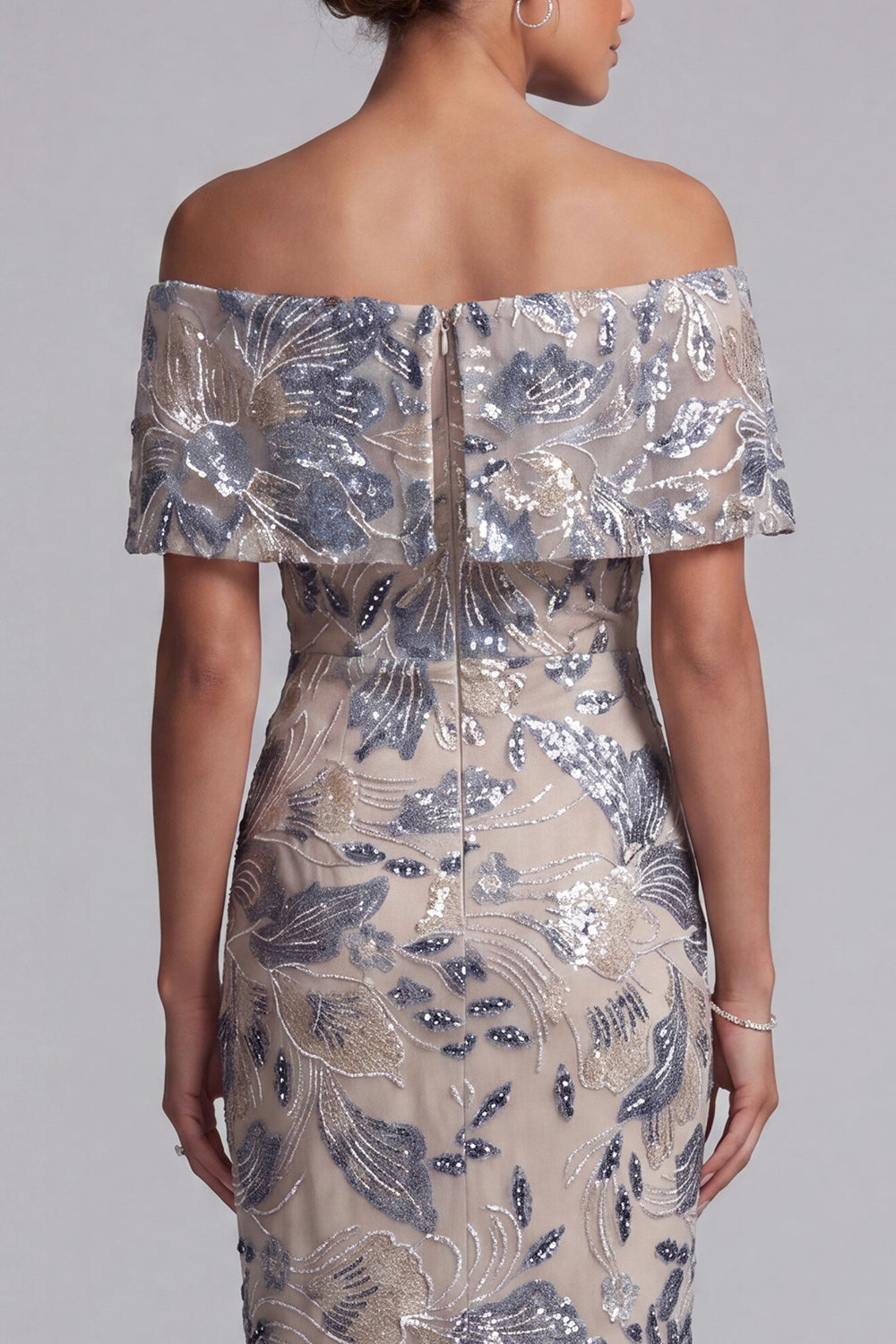 Nude Navy Sequin Floral Off Shoulder Slit Midi Dress