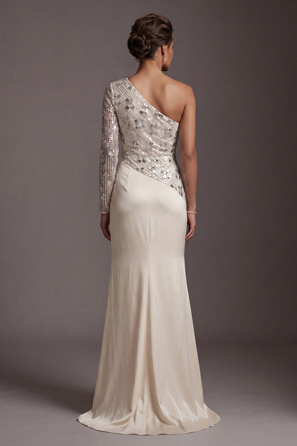 Ivory One Shoulder Sequin Sleeve Wrap Slit Mermaid Maxi Dress