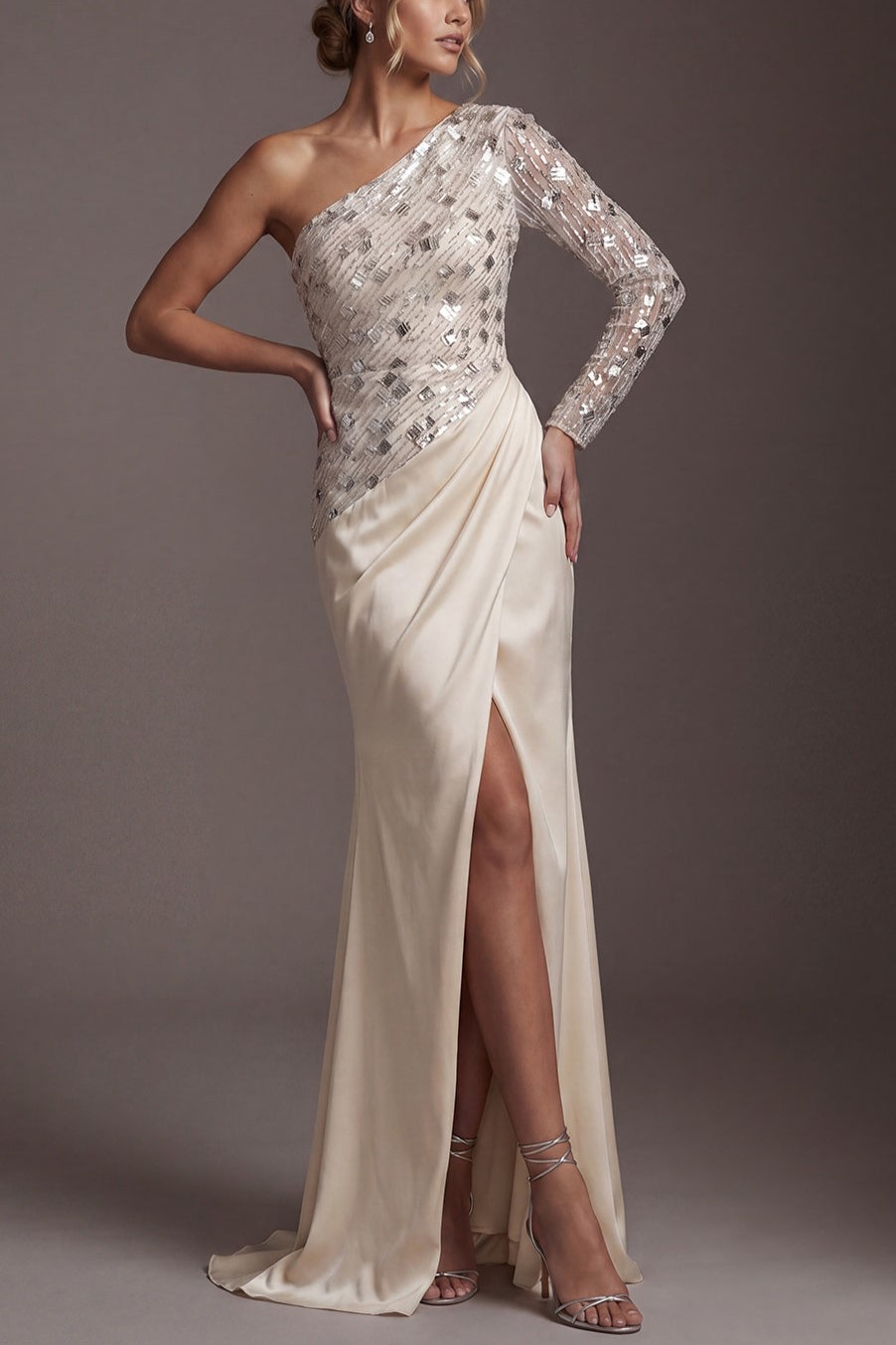 Ivory One Shoulder Sequin Sleeve Wrap Slit Mermaid Maxi Dress