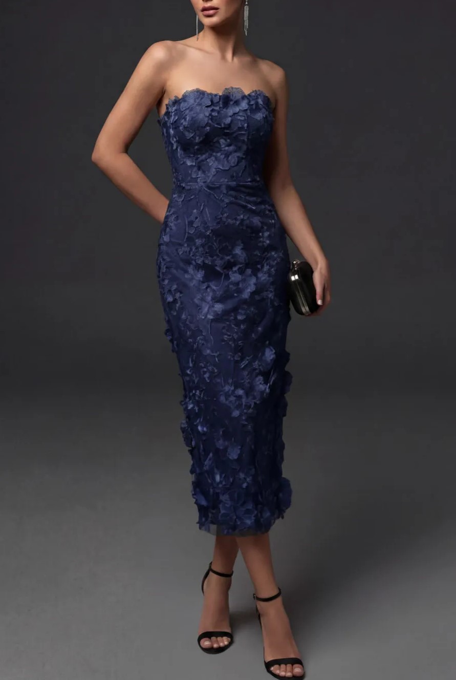 White Strapless Floral Embroidered Dresses Lace Midi Cocktail Dress