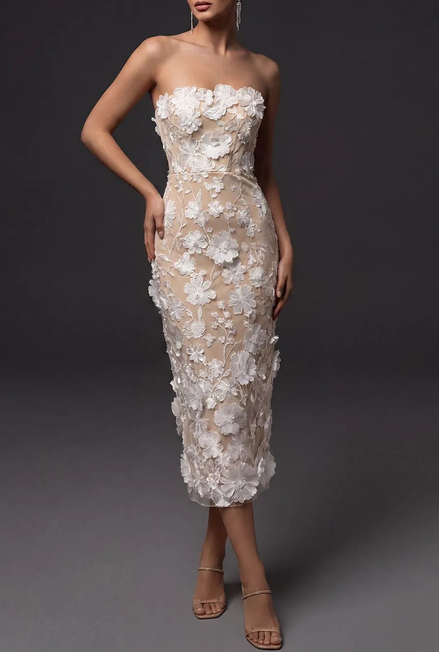 White Strapless Floral Embroidered Dresses Lace Midi Cocktail Dress