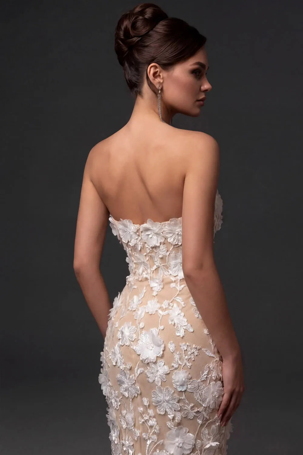 White Strapless Floral Embroidered Dresses Lace Midi Cocktail Dress