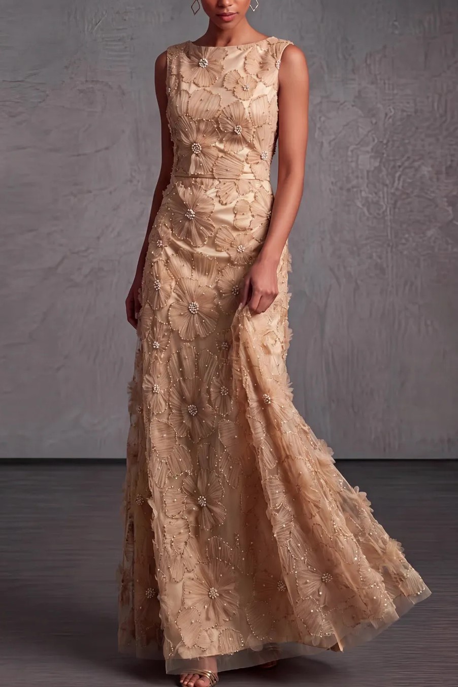 Black Boat Neck A-Line Embroidered Lace Evening Dress