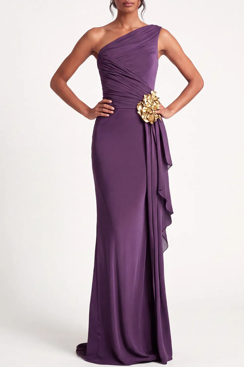 Purple One Shoulder Draped Mermaid Wedding Guest Dress