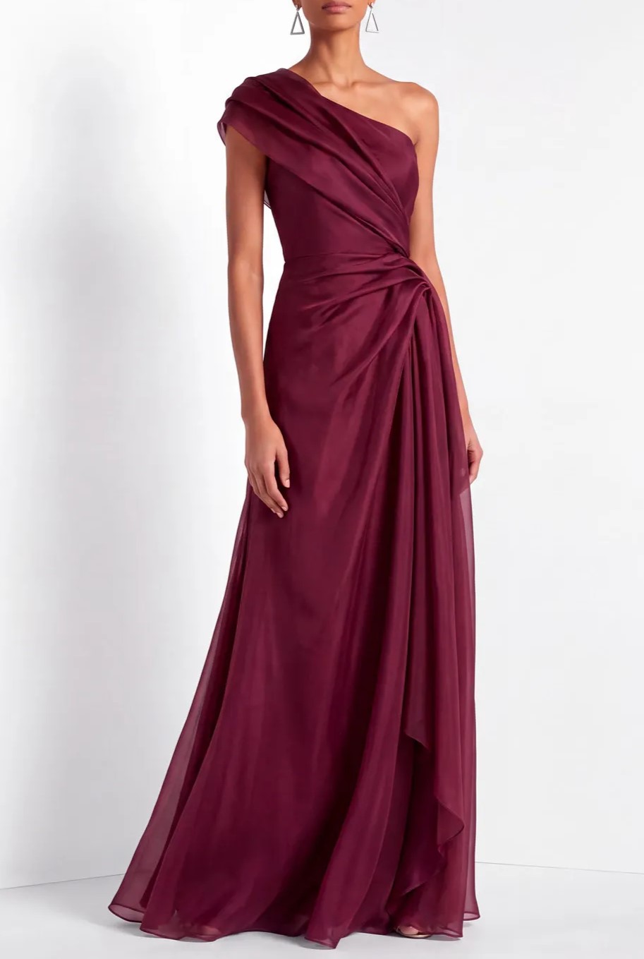 Burgundy One Shoulder Draped Chiffon Maxi Dress