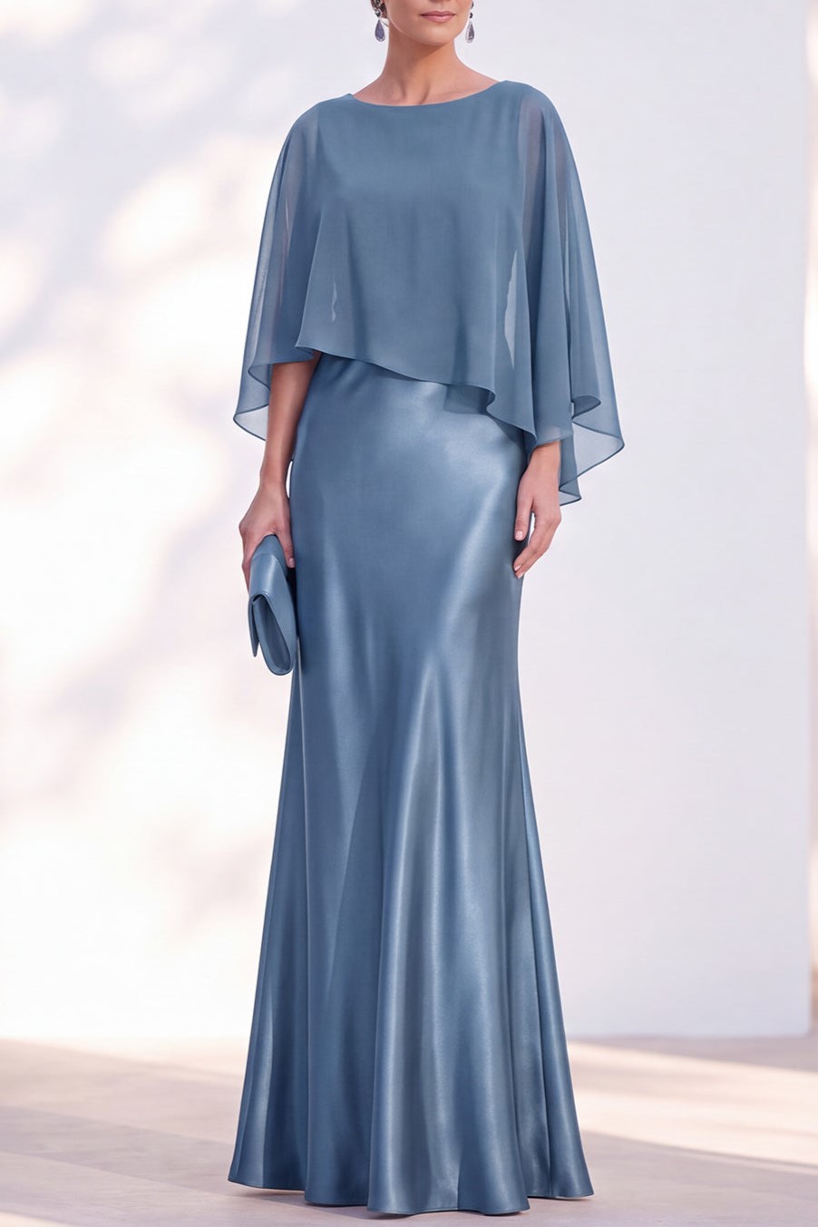 Dusty Blue Satin Mermaid Gown With Chiffon Cape Overlay Maxi Evening Dress
