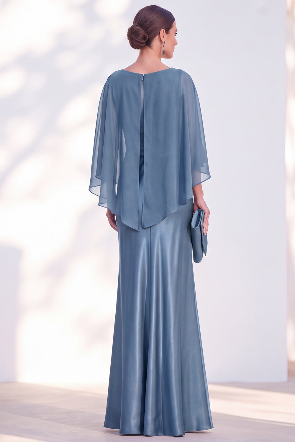 Dusty Blue Satin Mermaid Gown With Chiffon Cape Overlay Maxi Evening Dress