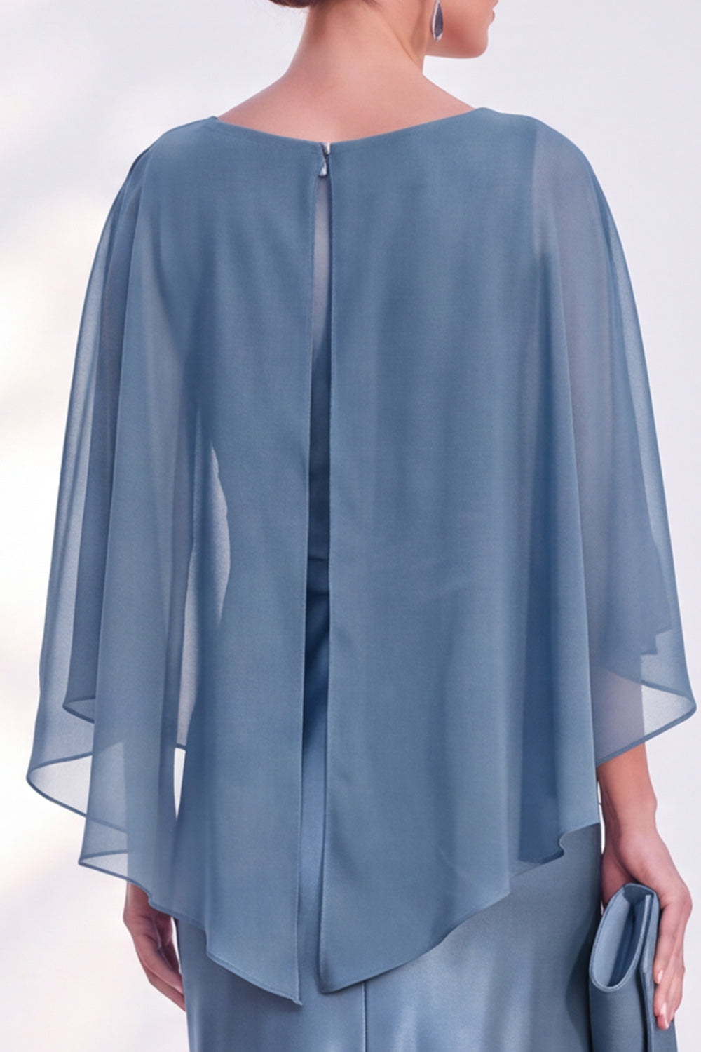 Dusty Blue Satin Mermaid Gown With Chiffon Cape Overlay Maxi Evening Dress
