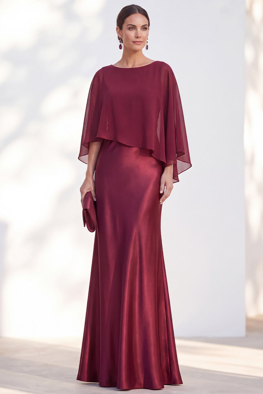 Dusty Blue Satin Mermaid Gown With Chiffon Cape Overlay Maxi Evening Dress