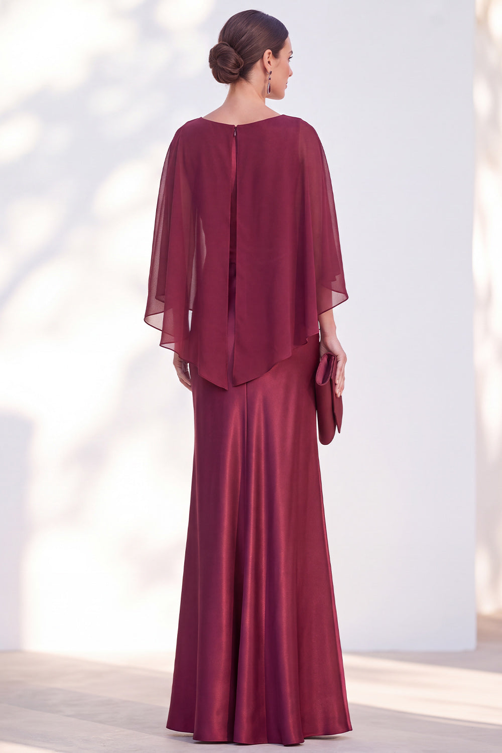 Dusty Blue Satin Mermaid Gown With Chiffon Cape Overlay Maxi Evening Dress