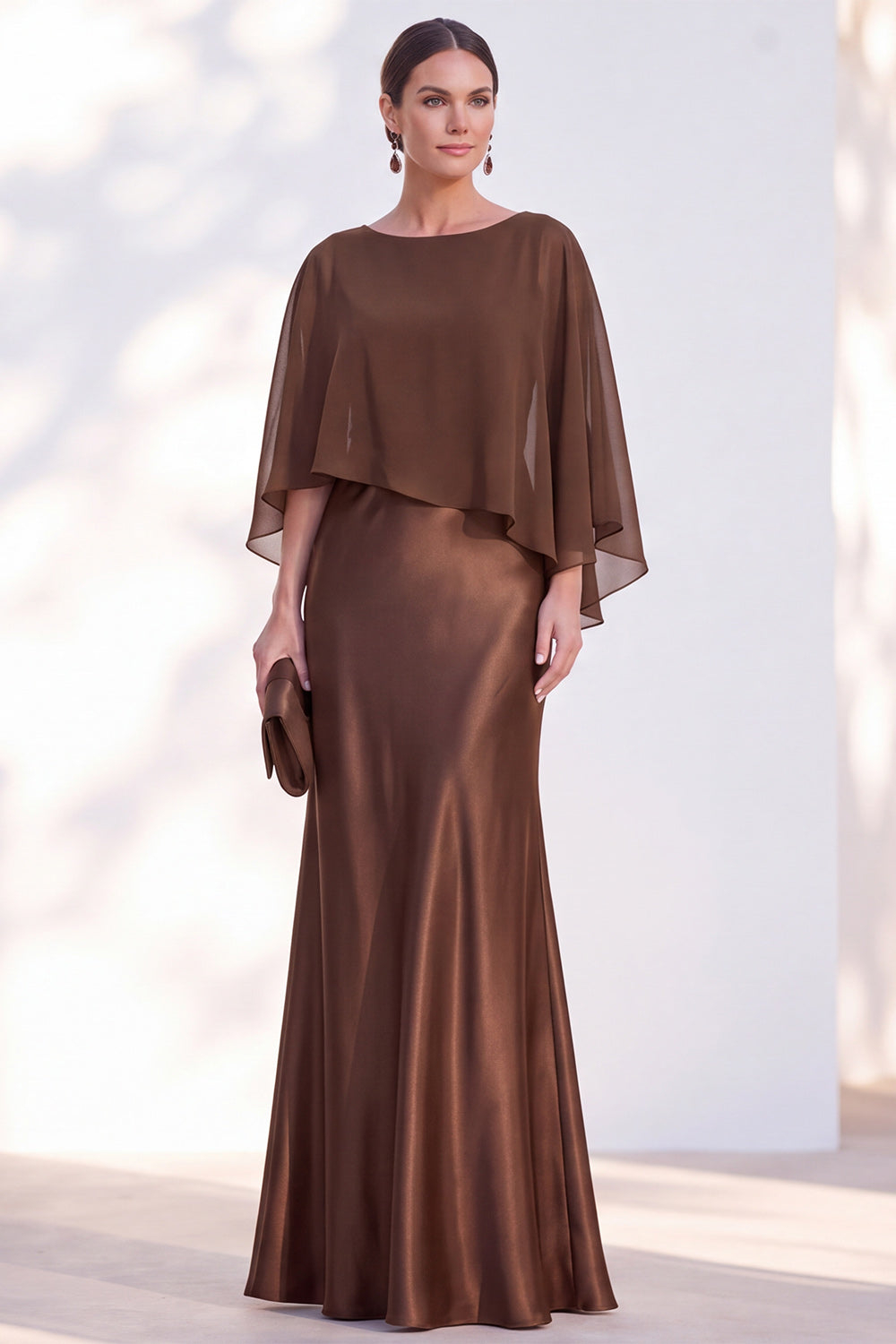 Dusty Blue Satin Mermaid Gown With Chiffon Cape Overlay Maxi Evening Dress