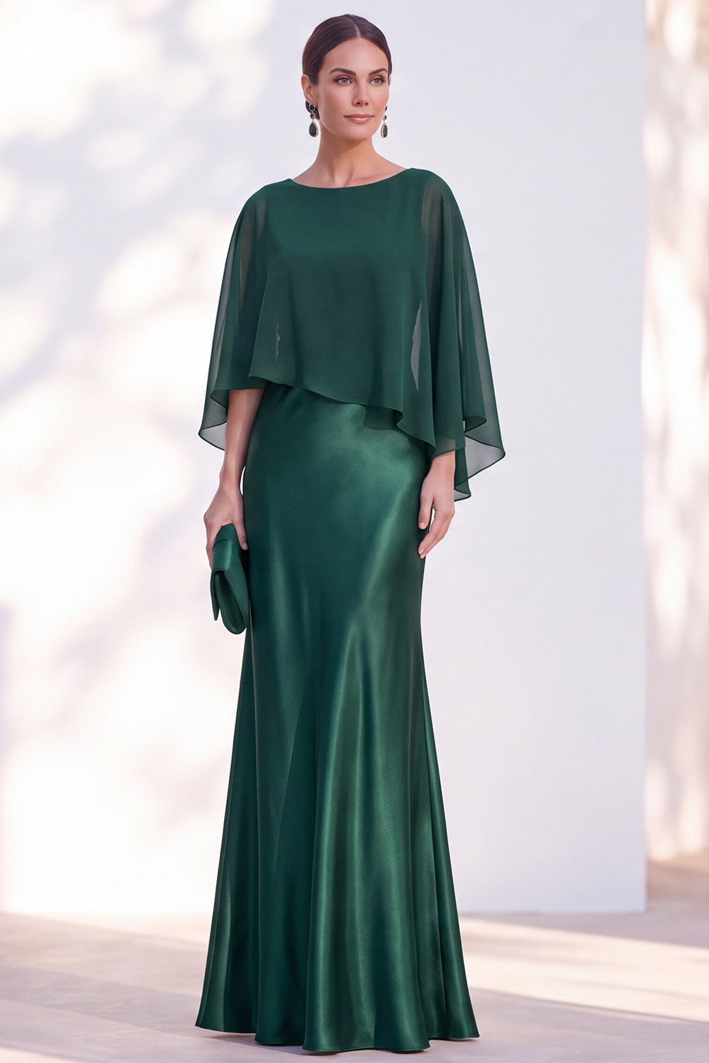 Dusty Blue Satin Mermaid Gown With Chiffon Cape Overlay Maxi Evening Dress