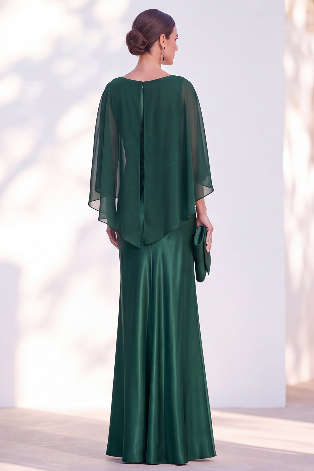 Dusty Blue Satin Mermaid Gown With Chiffon Cape Overlay Maxi Evening Dress