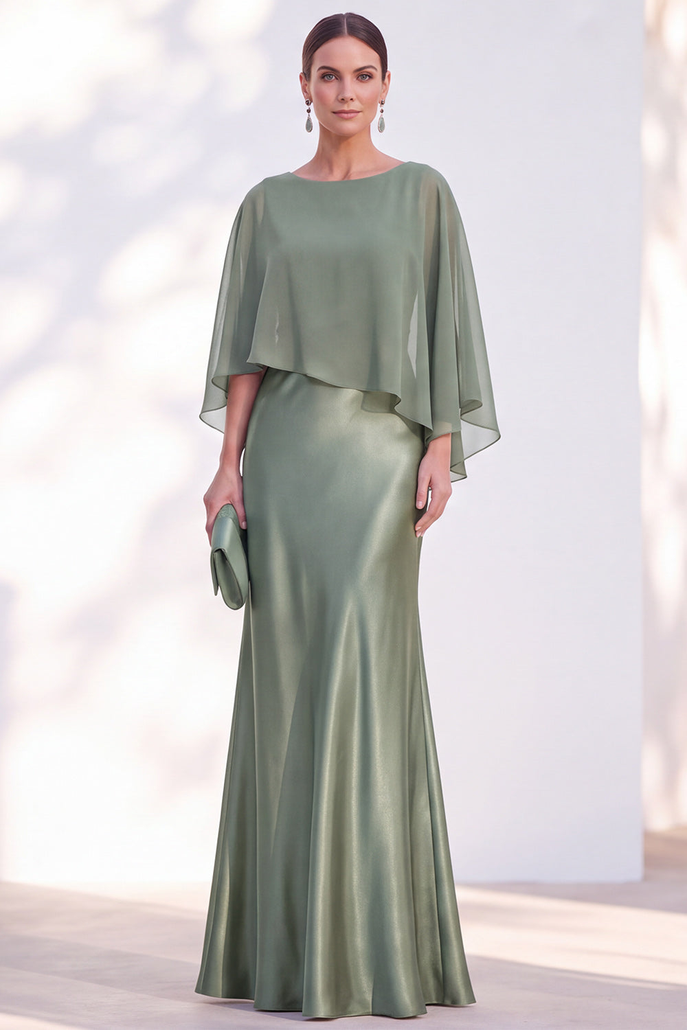 Dusty Blue Satin Mermaid Gown With Chiffon Cape Overlay Maxi Evening Dress