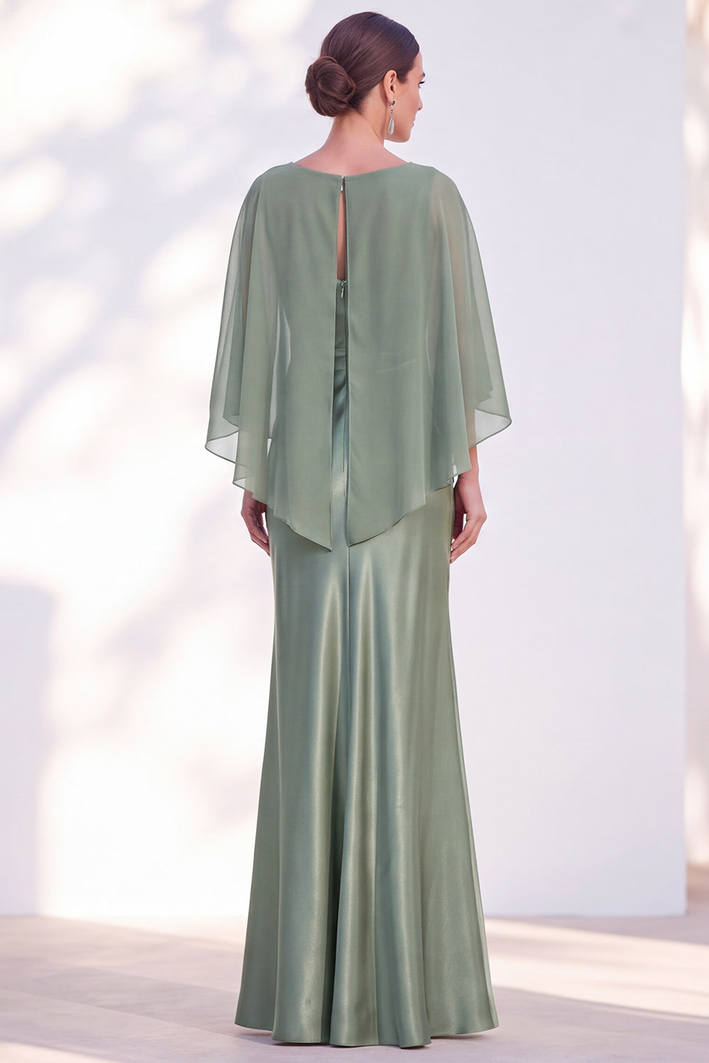 Dusty Blue Satin Mermaid Gown With Chiffon Cape Overlay Maxi Evening Dress