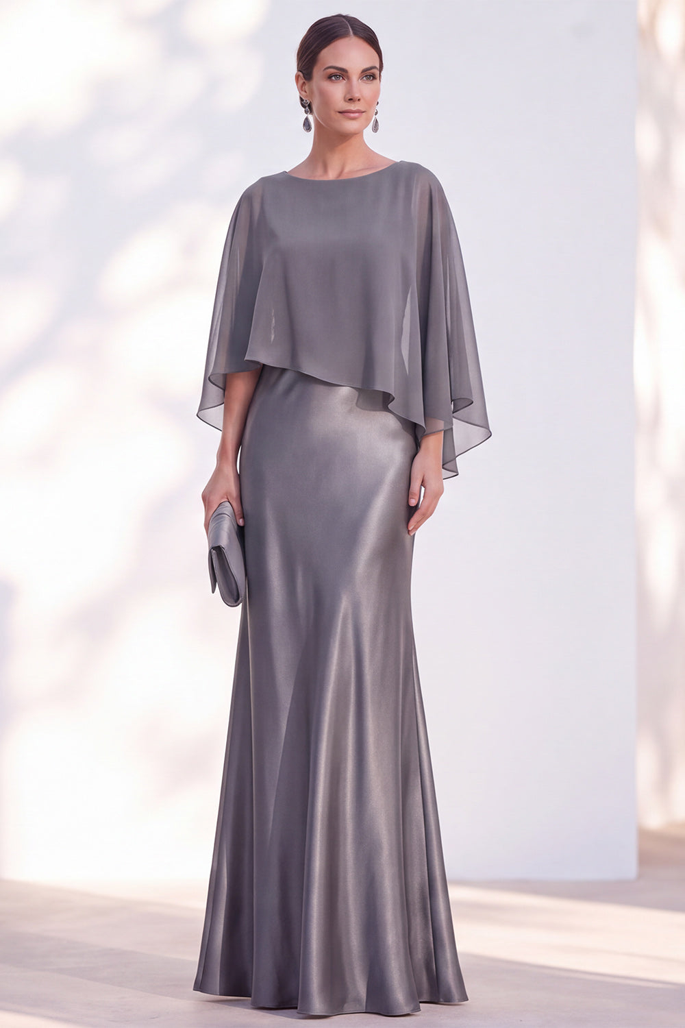 Dusty Blue Satin Mermaid Gown With Chiffon Cape Overlay Maxi Evening Dress