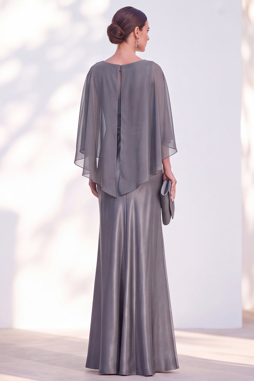 Dusty Blue Satin Mermaid Gown With Chiffon Cape Overlay Maxi Evening Dress