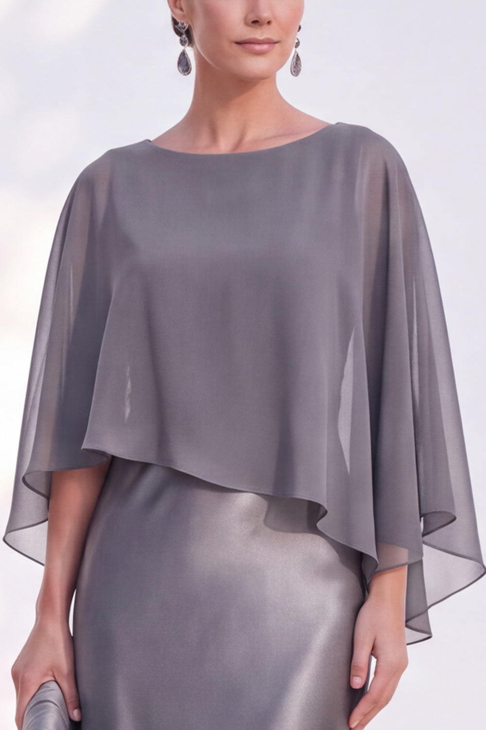 Dusty Blue Satin Mermaid Gown With Chiffon Cape Overlay Maxi Evening Dress