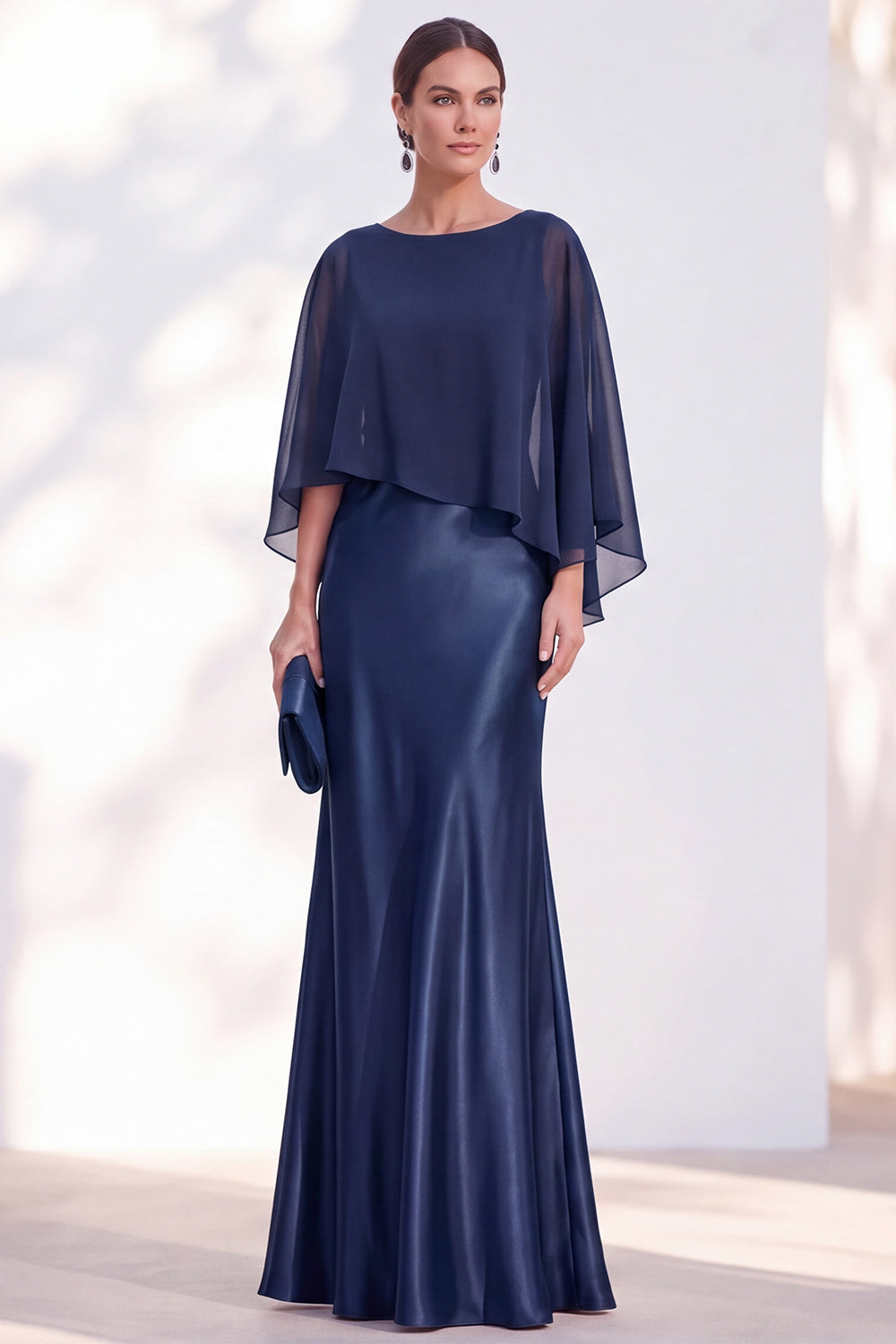 Dusty Blue Satin Mermaid Gown With Chiffon Cape Overlay Maxi Evening Dress