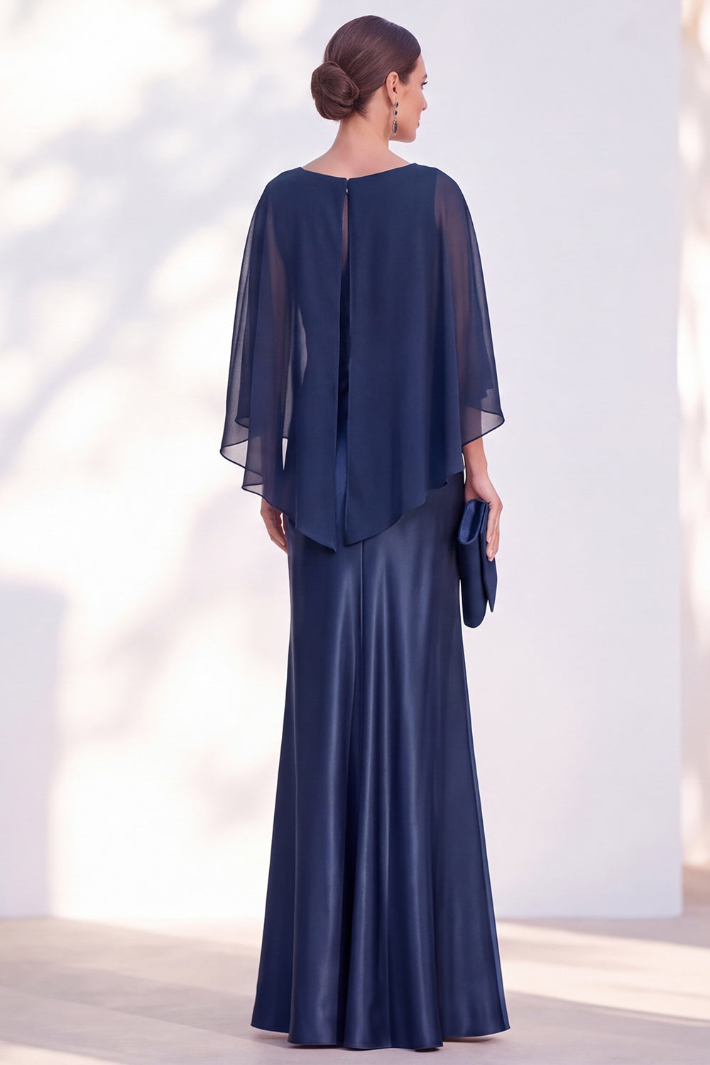 Dusty Blue Satin Mermaid Gown With Chiffon Cape Overlay Maxi Evening Dress