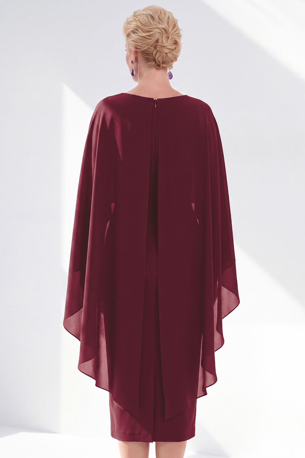Burgundy Boat Neck Cape Overlay Sheath Tea-Length Midi Dress